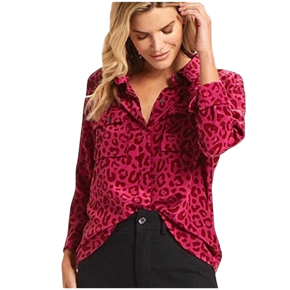 Marie Oliver Adrian Pink Button Front Silk Blouse Wildcat Leopard Print Small
